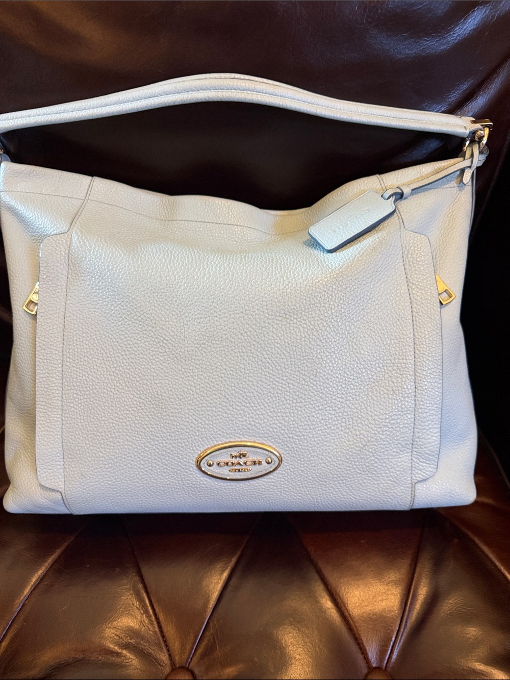 Coach Pebbled Leather Shoulder Bag in Light Powder Blue with Gold Hardware